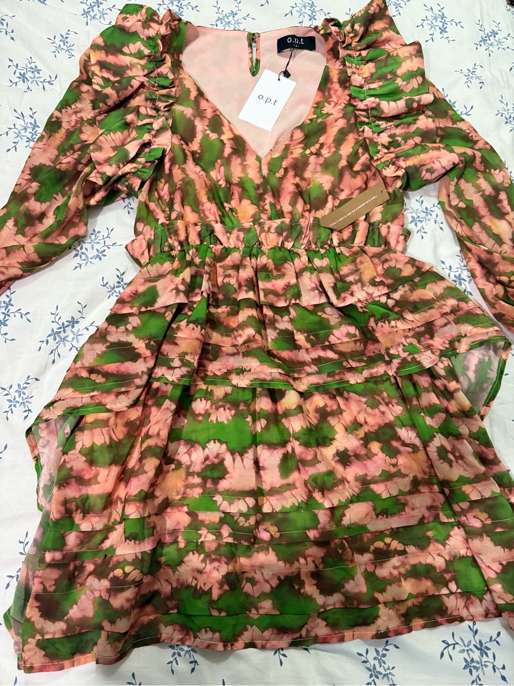 O.P.T. Pink & Green Floral Midi Dress with Ruffle Tiers